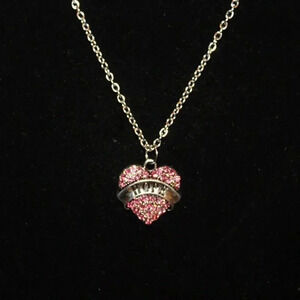 Vintage NOS Silver Pink Rhinestone Heart Breast Cancer Hope Necklace Jewelry